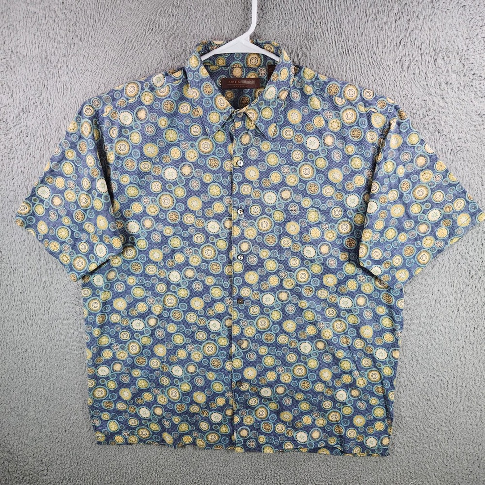Tori Richard Mens Large Blue Medallion Cotton Lawn Aloha Shirt Made in USA L
